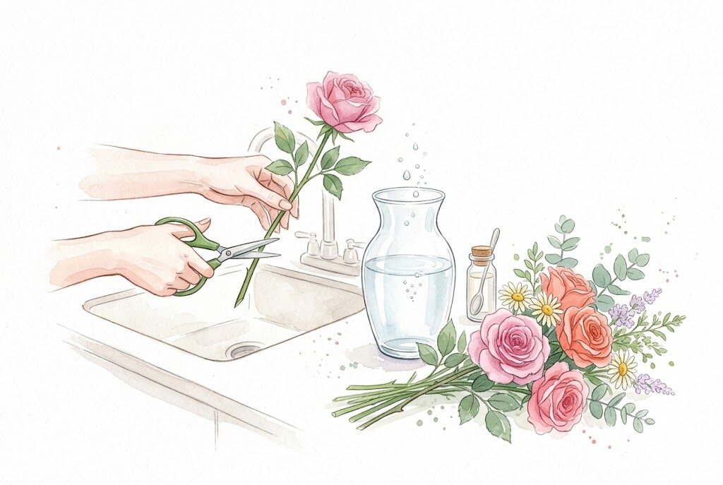 切り花の日常お手入れのイラスト